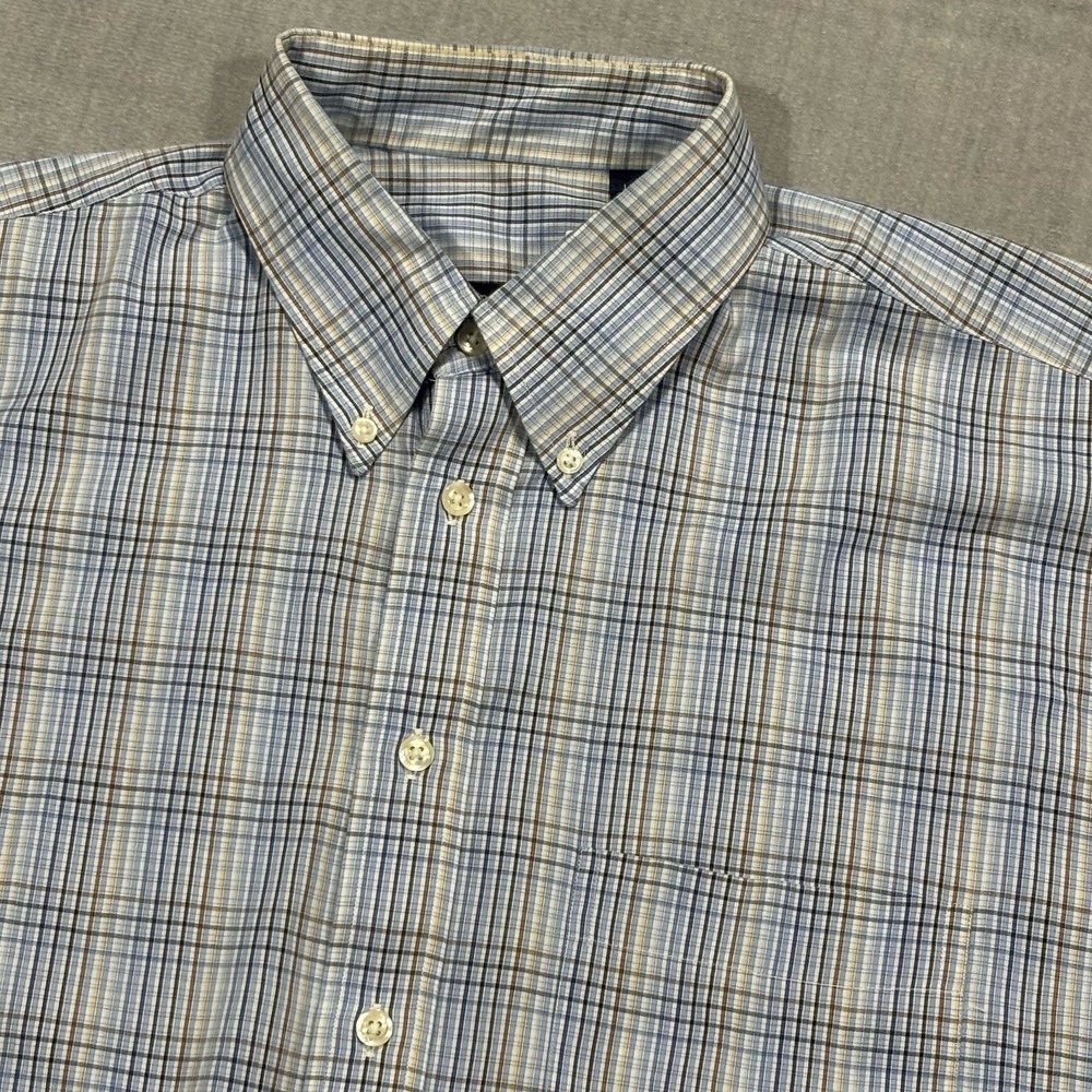 Gitman Bros Button Down Shirt Mens Large Blue Brown Plaid Short Sleeve USA Made